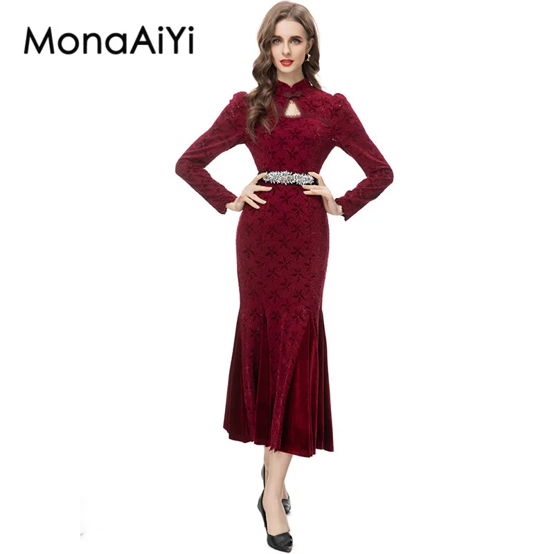 MonaAiYi New Fashion Designer Women's Sweetheart Collar Long Sleeved Four Leaf Grass Pattern Chinese Style Casual red Dress