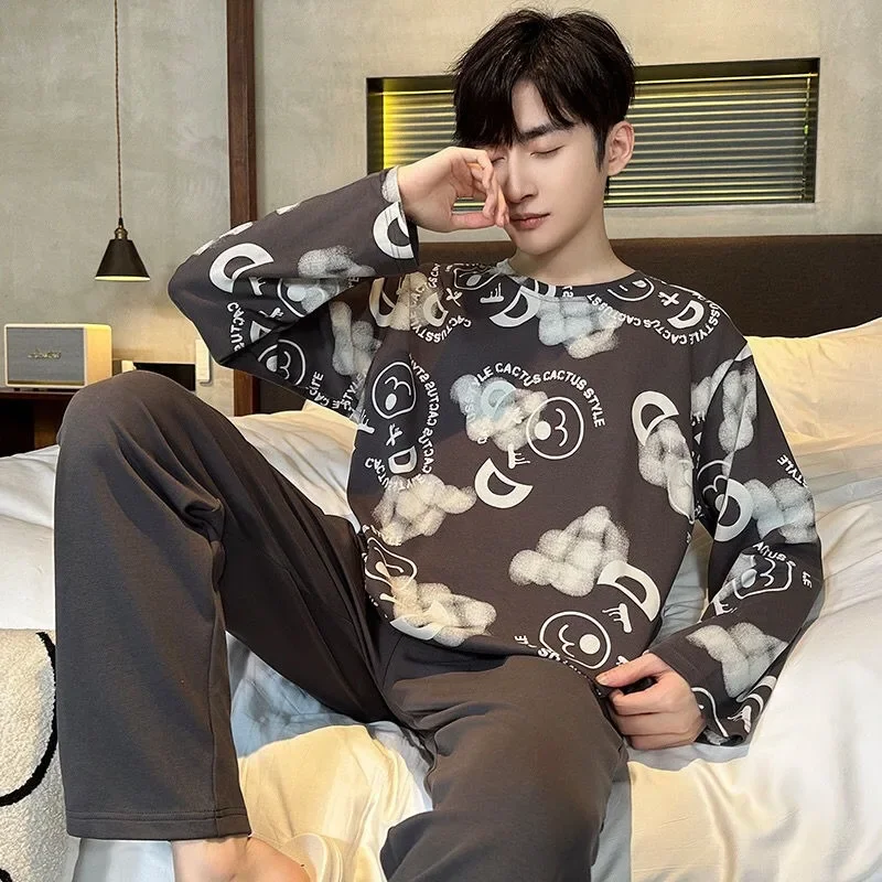 Pajamas Men Long Sleeve Pure Cotton Spring Autumn Loungewear Korean Version Youth Sleepwear Male Winter Home Clothes Casual Set