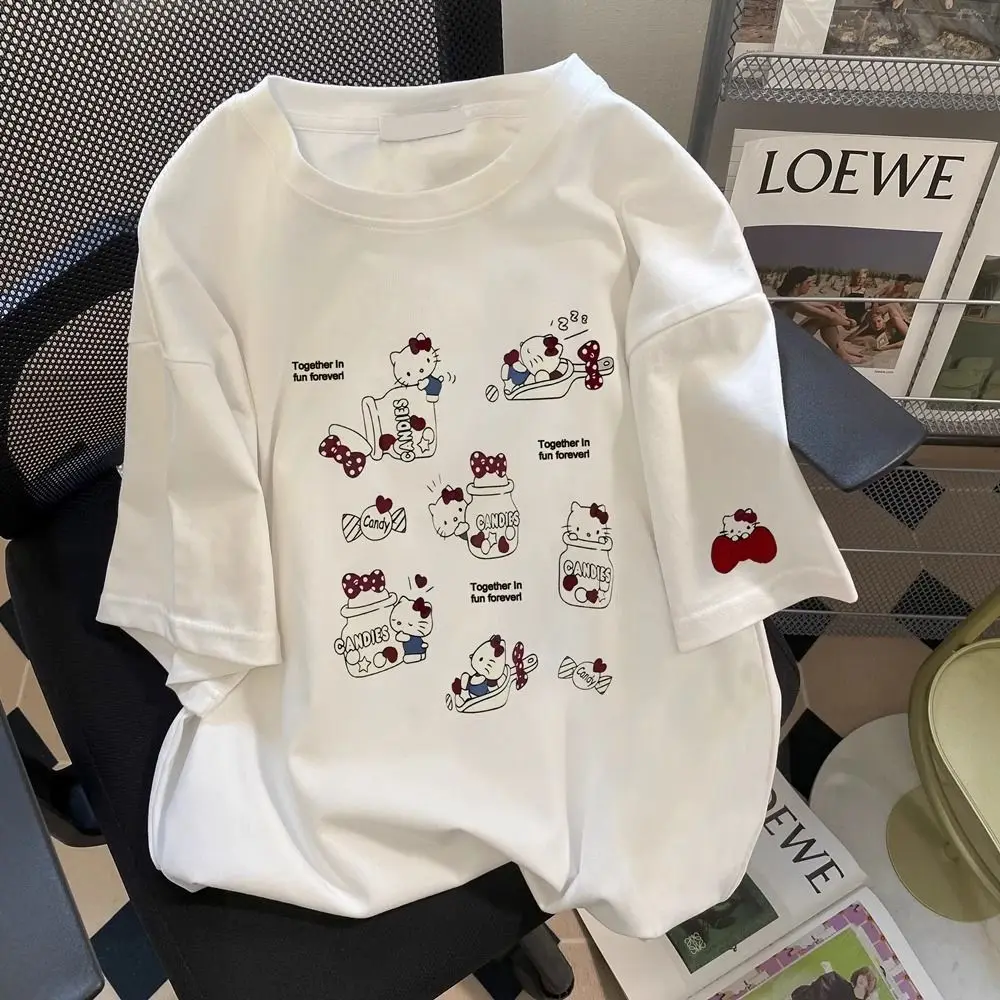 

Disney Kitty Cat Printed White Crew Neck Short Sleeve T-Shirt Men's and Women's Summer Loose Casual Versatile Bottom Shirt