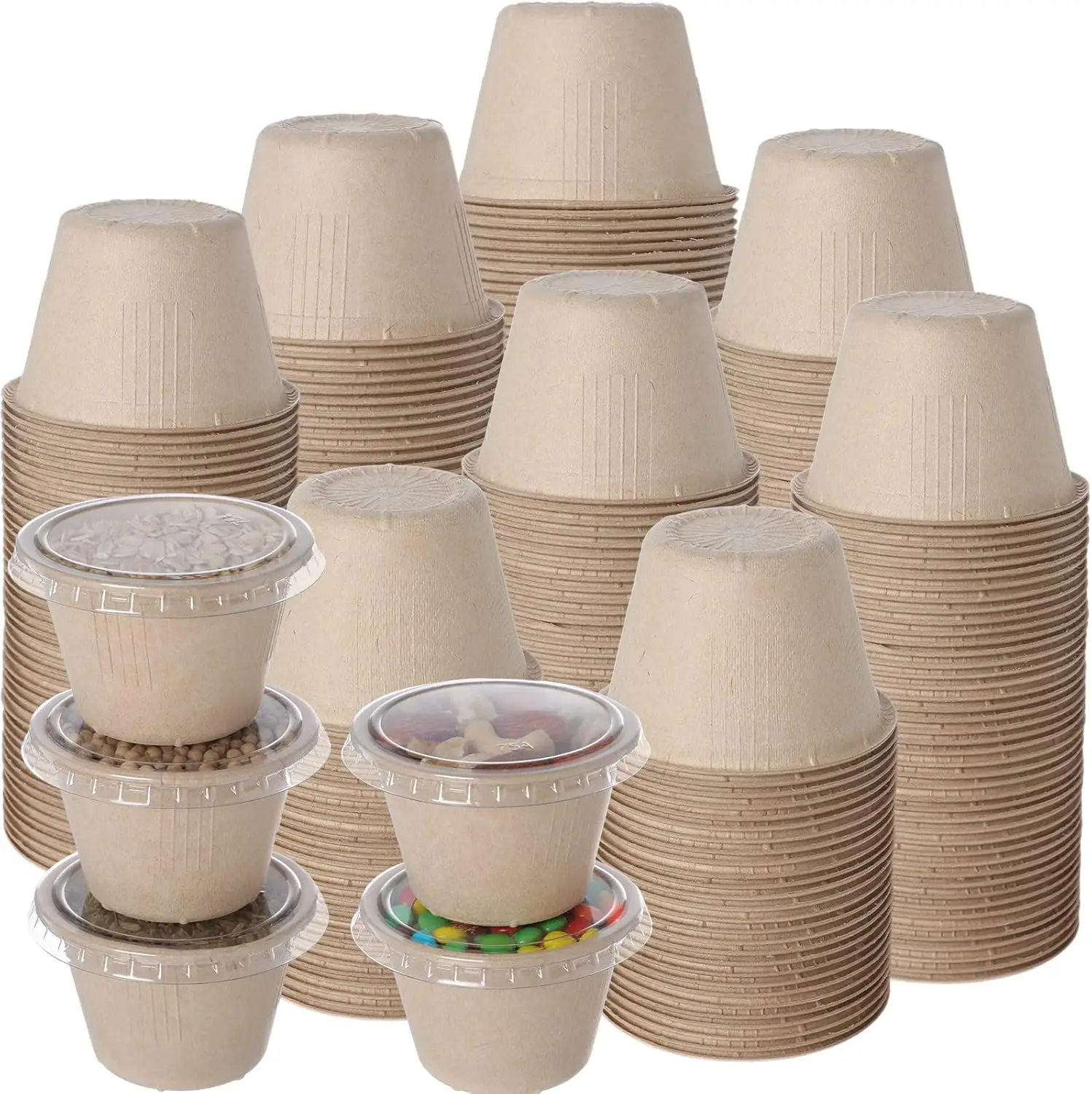 

100 Pack 4oz Disposable Condiment Portion Cups with Lids Bagasse Fiber Souffle Cups Snack Small Sauce Containers with Li