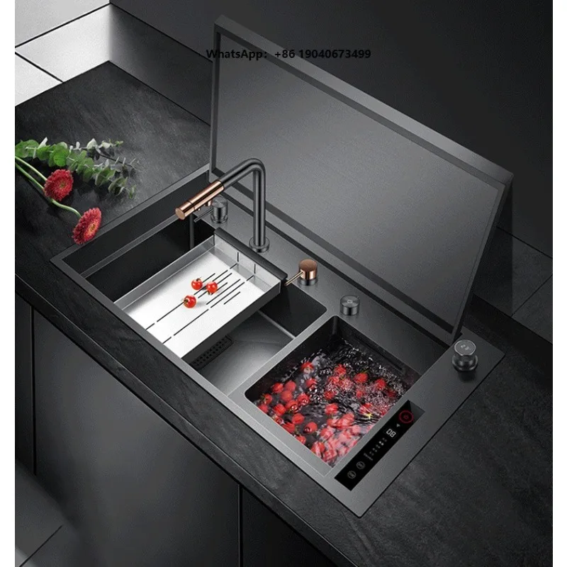 Smart Water Purification Hidden Kitchen Sink 304 Stainless Steel Double Bowl with Integrated Waterfall Faucet p002