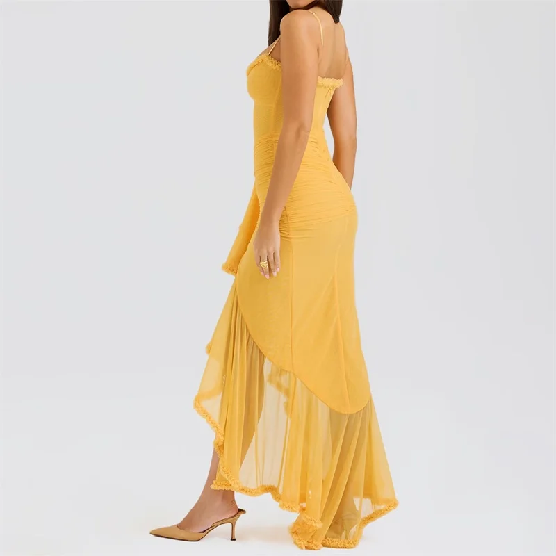 Elegant Yellow Mesh Camisole Party Dress Pleats Irregular Hemlines Ballroom Wear Fashionable Lace See Through Evening Gown