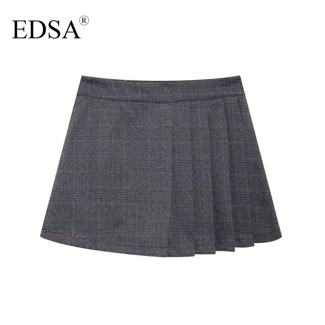 EDSA Women Grey Plaid Shorts Set 2 Pcs Sleeveless V-Neck Single Breasted Vest & Shorts Skirt for Female Streetwear