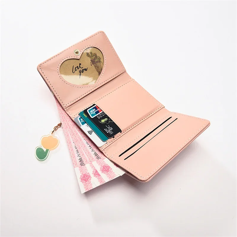 Women Short Wallet Card Wallet Coin Purse, Tulip Pattern, Fashion Multi-slot Wallet with Chain, Women PurseCompact Handy Cartera