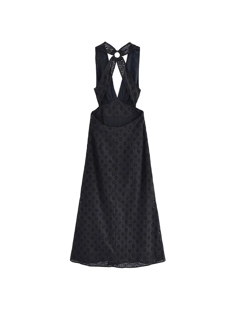 Women Summer MIDI Tank Dress 2025 Vintage Solid V-Neck Embroidery Hollow Out Female Elegant Street Dresses Clothing