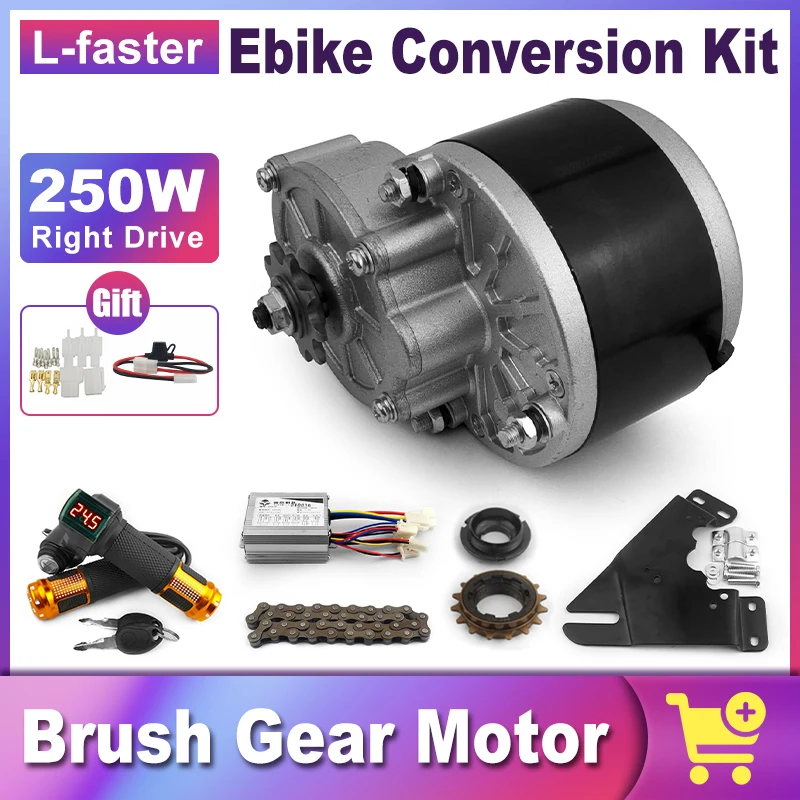 Brush Gear Motor Kit with Throttle Handle, Urban  recreational  Ebike Right Drive, Single-Speed Freewheel, 24V, 36V, 250W