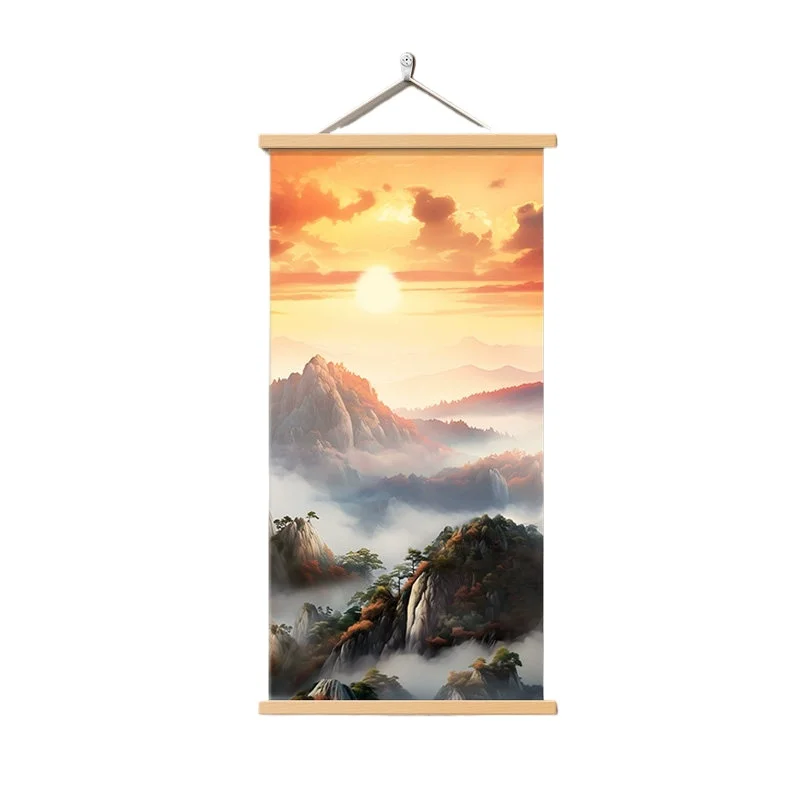 Wall Art, Sunrise Over Cloud Sea Scroll Painting for Entryway Background Wall Decor, Chinese Landscape Poster, Room Decoration