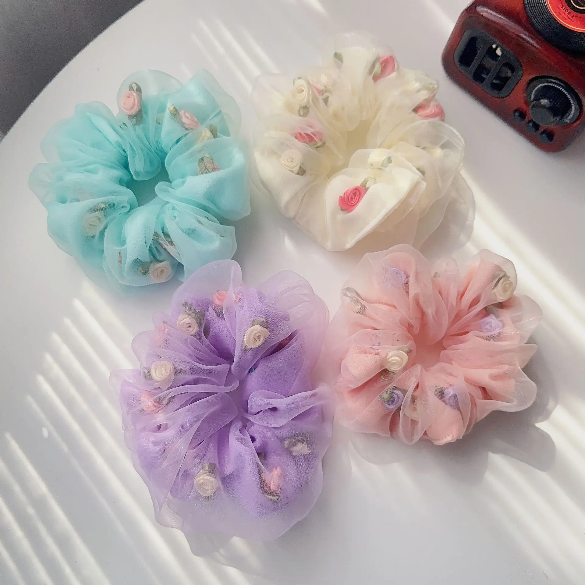 Fashion Rose Flower Double Layer Organza Hair Scrunchies Spring Summer Romantic Hair Ties Chiffon Elastic Head Bands Hair Ropes