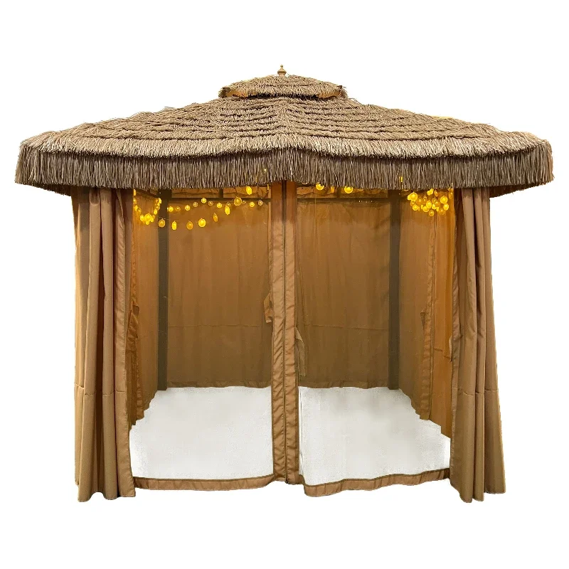 

Latest Chinese style pavilion modern design Pengyi new arrival handmade straw fabric on sales thatched house Khaki color