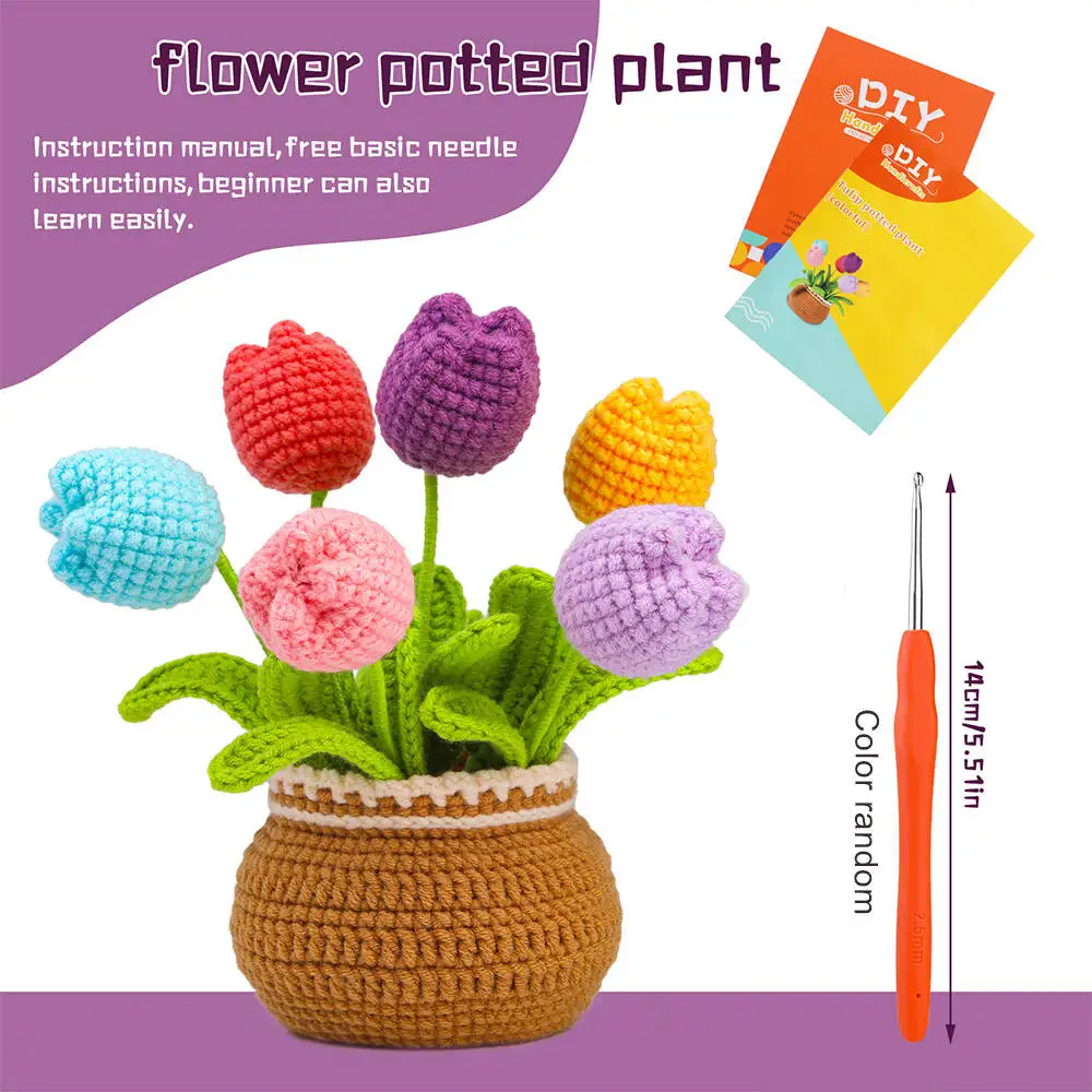 Flower Crochet Kit For Beginners With Instruction Knitting Yarn Thread Hook Needles Crochet Kit For Craft Lovers