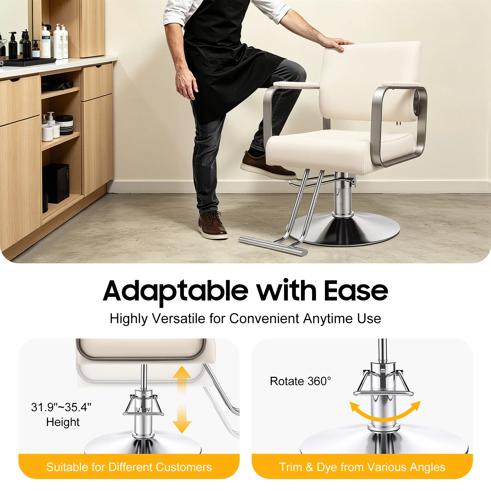 Salon Chair – Pu Cushion – Ergonomic Backrest – Height Adjustable 31.9-35.4