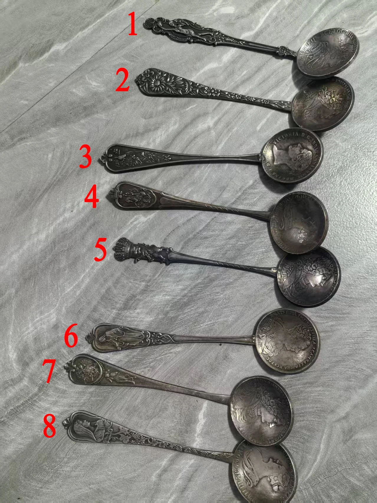 8 Different Styles Russia Exquisite COINS SPOONS, Coins are random.