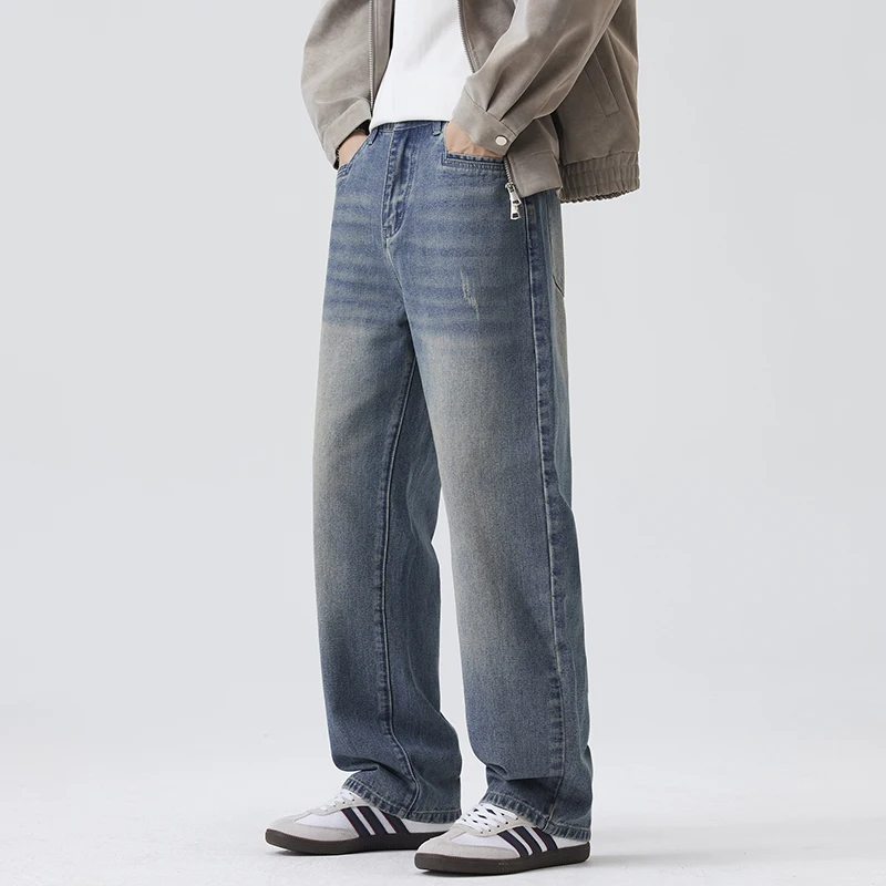 

Высококачественные уличные модные ностальгические кошачьи усы в стиле ретро, белые прямые брюки, мужские джинсы