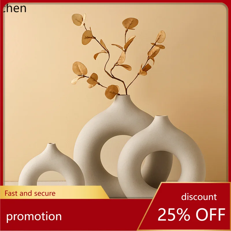 

YFY Wabi-sabi style circular irregular-shaped ceramic vase ornament, high-end living room home decor, creative craft item