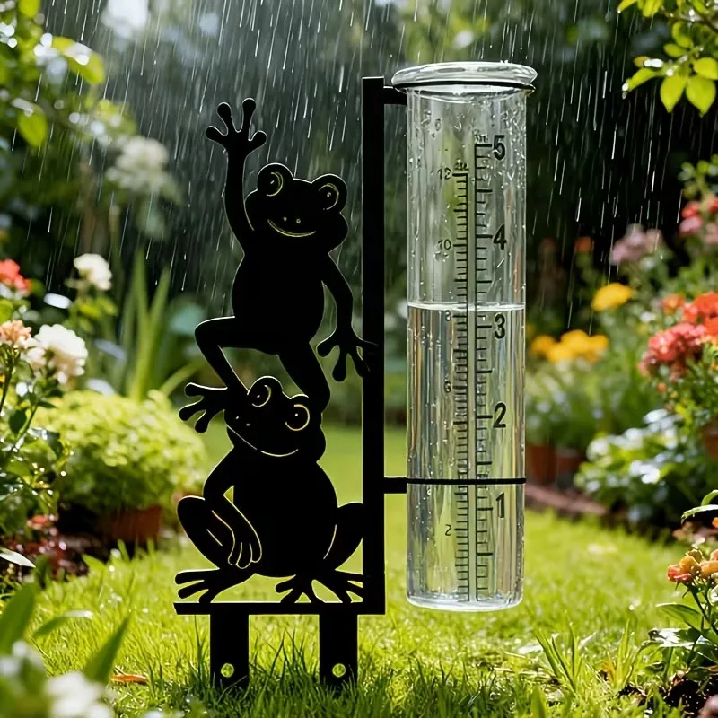 Frog-patterned rain gauge outdoor ornament, suitable for gardens, lawns, flower pots, and outdoor decorations