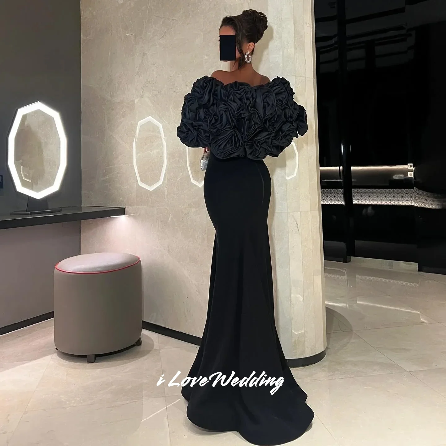 فساتين سهرة سوداء بدون حمالات 2025 بدون أكمام شال حورية البحر زهور ثلاثية الأبعاد طول الأرض فستان حفلة موسيقية فستان حفلات الزفاف مخصص