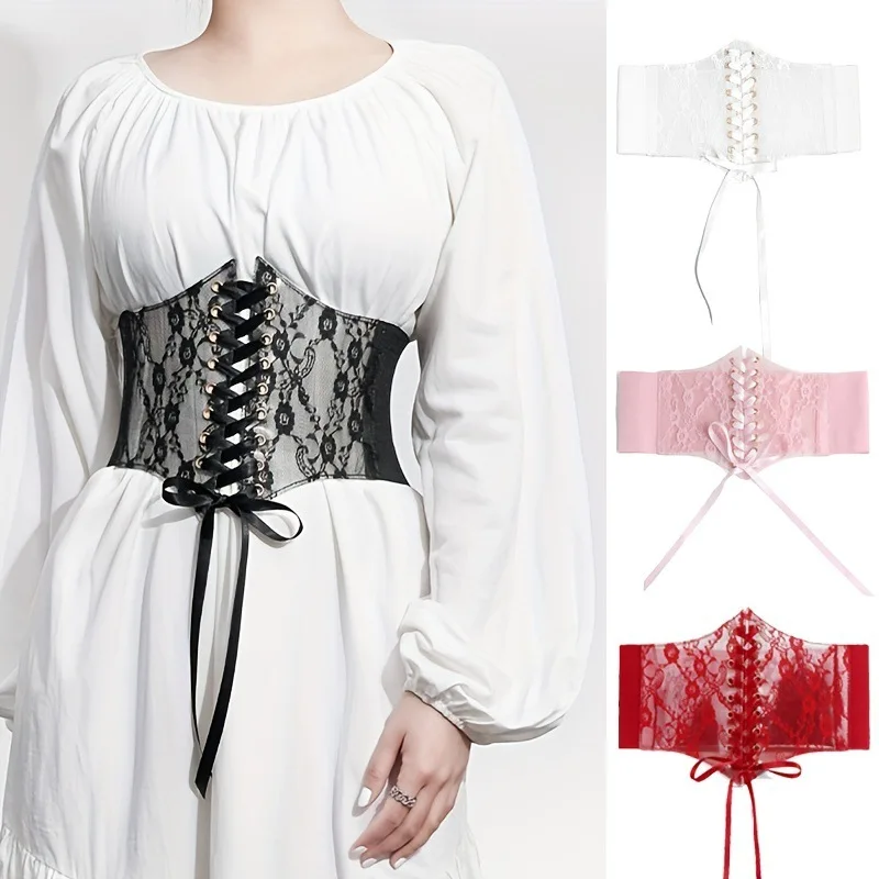 Fashion Women Lace Up Waist Corset Flower Embroidery Elastic Waistband Black White Wide Lace Slimming Body Belts Cummerbunds