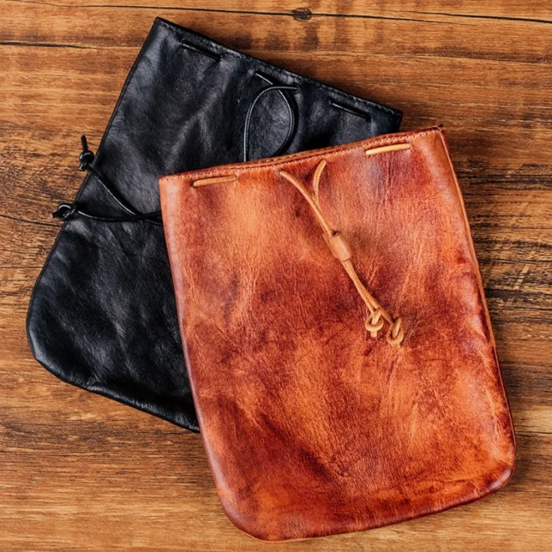 Natural Full Grain Leather Standard Capacity Tobacco Drawstring Pouch Handmade Portable Multi-Functional Design Daily Carry Bag