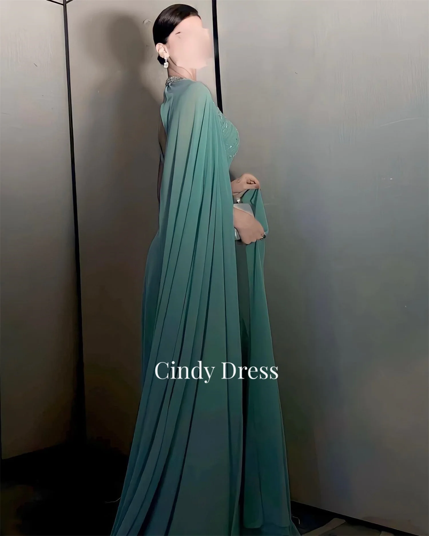 Green V-neck Beaded Shawl Long Tail Elegant Saudi Wedding Guest Dresses for Women Evening Dress Graduation Party Gala Customized