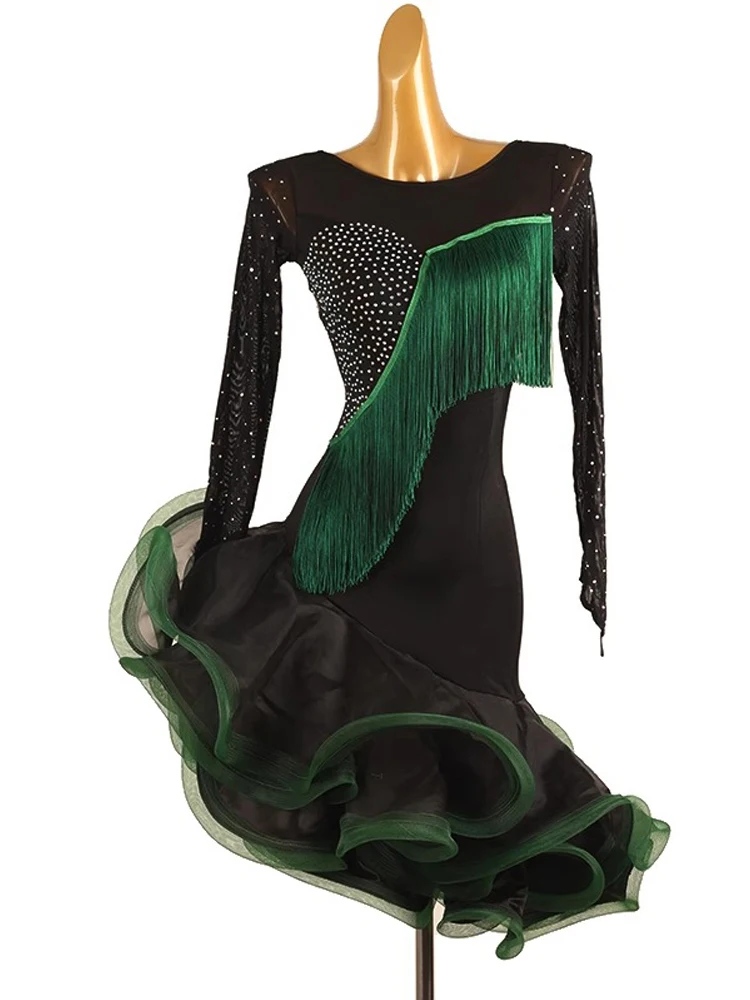 

2025 Black Latin Dance Dress Stage Clothes Women Costume Outfit Sport Line Wear Girls Prom Skirt Party Evening Female Suit