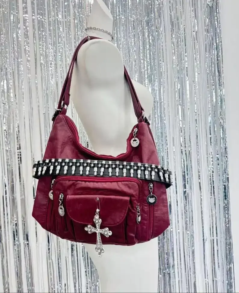 Red PU Leather Handbag with Heart-shaped Rhinestone Decoration Punk Goth Bag Y2k Red Shoulder Bag