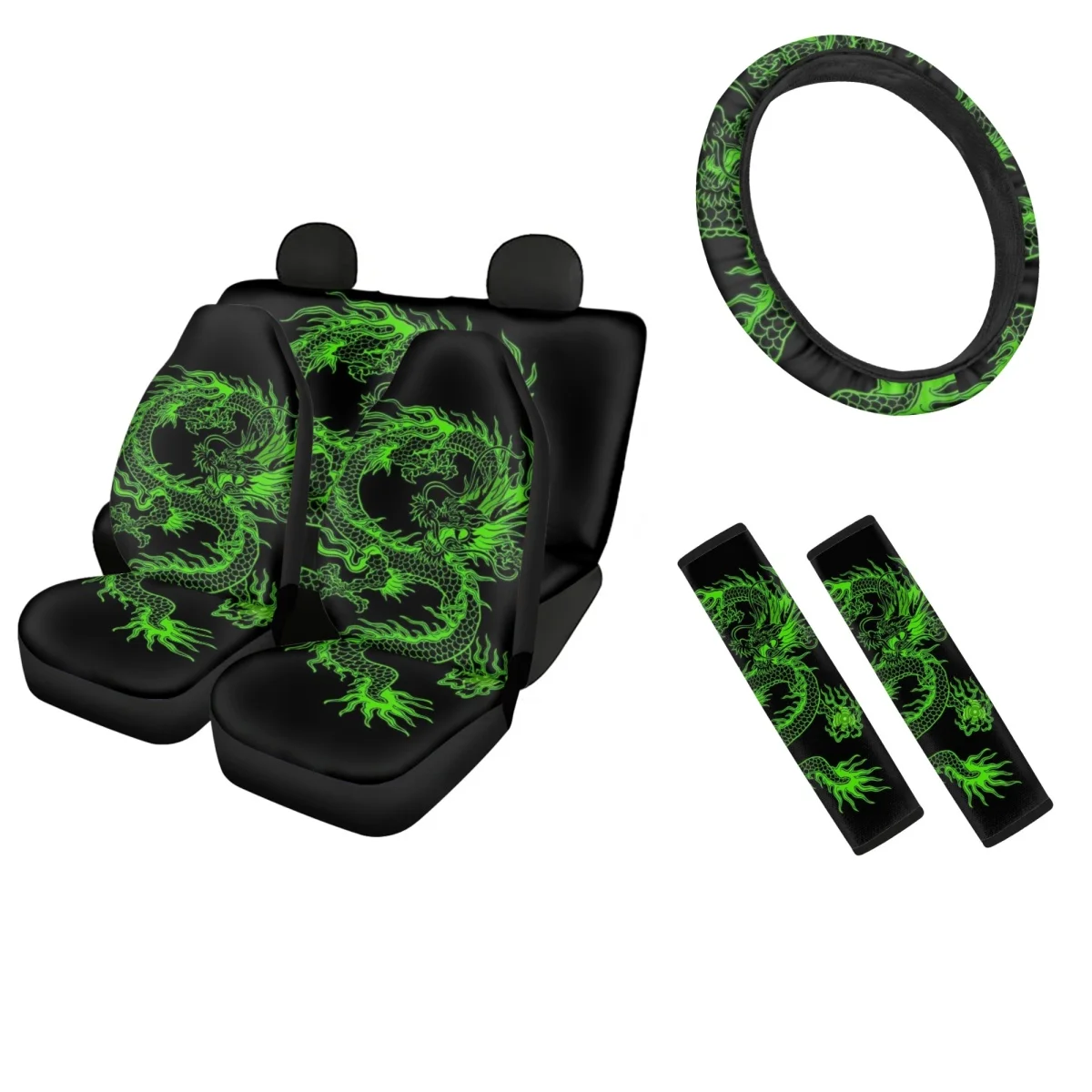 Elastic Remove Car Seat Cover Green Dragon 3D Printing Design Full Set Steering Wheel Cover and Autos Seat Belt Covers Protect