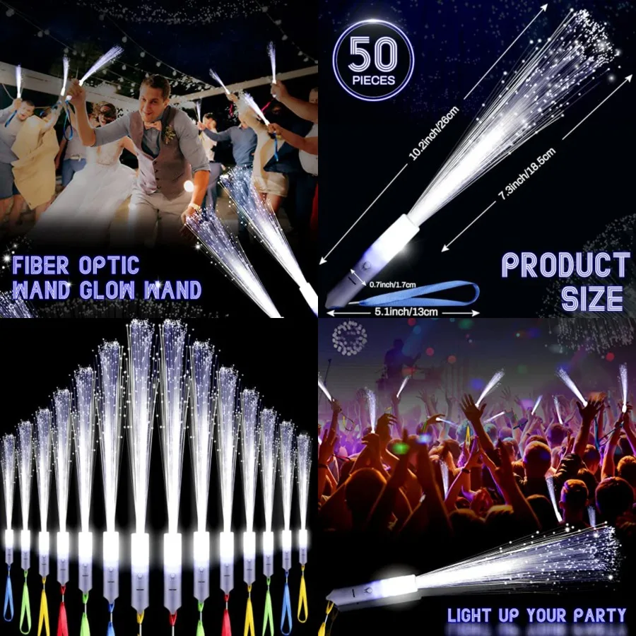 

100 Pcs White Fiber Optic Wands Bulk Wedding Sparklers Party Favors LED Light Glow Sticks with 3 Modes Long Flashing Glow for B