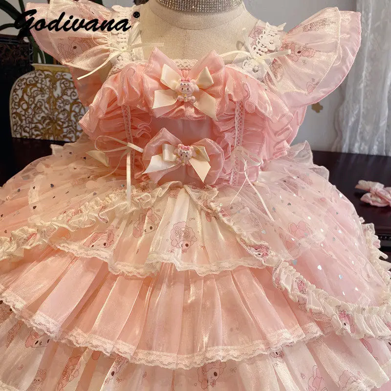 Sweet Baby Girls High End Heavy Tulle Lolita Princess Dress Kids Luxury All-season Sequin Bow Lace Trim Birthday Tutu Sundress