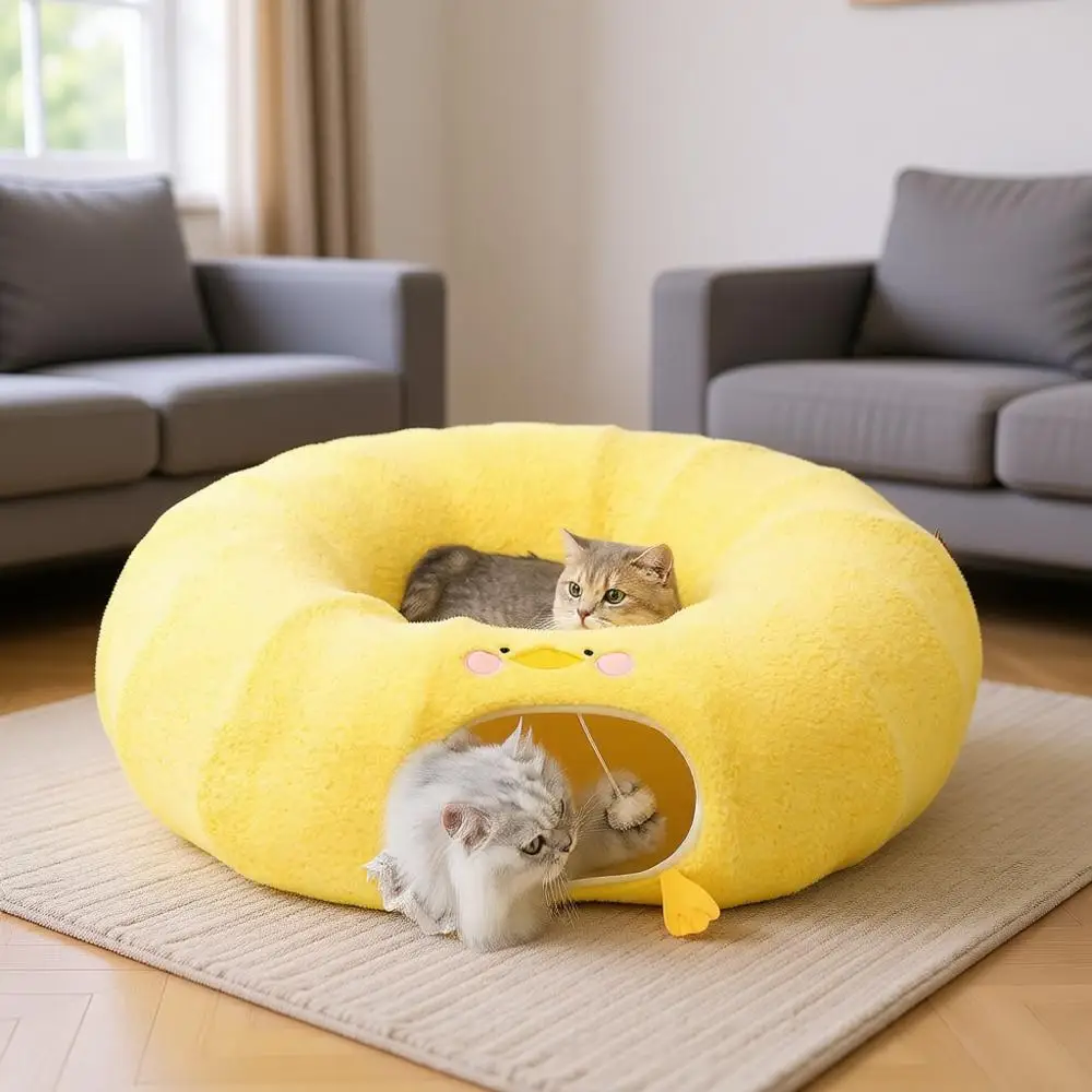 

Cat Tunnel Bed for Indoor Cats, Cute Donut Toy Tunnel for Small Large Cats with Washable Circle Cushion, Peekaboo Pet Cave Play