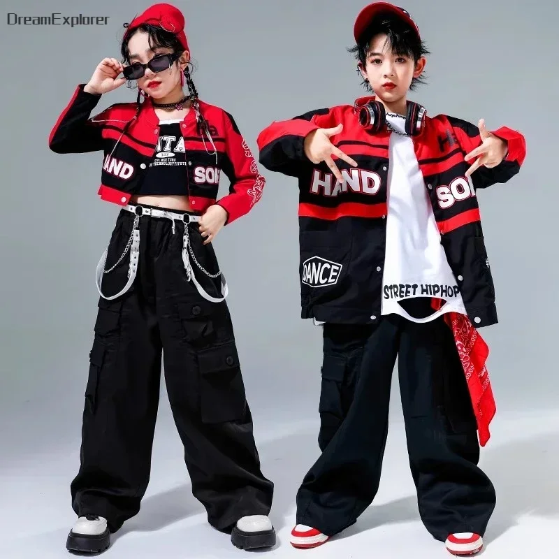 Hip Hop Girls Motorcycle Sport Cropped Jacket Cargo Pants Boys Street Dance Coat Clothes Sets Kids Streetwear Child Jazz Costume