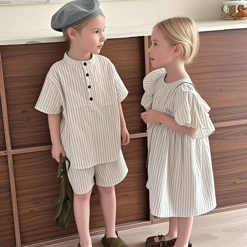 2025 Summer Thin Brother Sister Outfits Boy Children Cotton Short Sleeve T-shirt+Shorts 2pcs Girl Baby Striped Fly Sleeves Dress