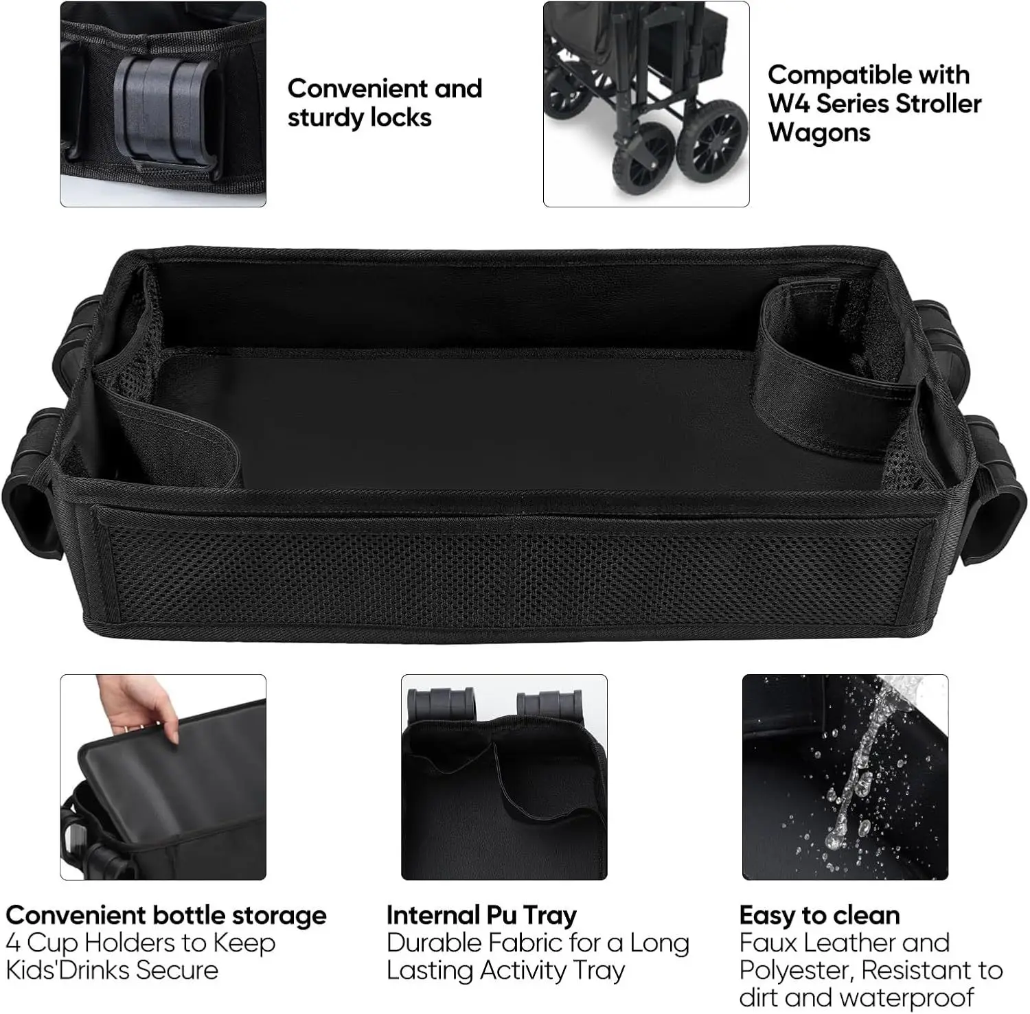 Double Sided Stroller Tray for Snacks & Activities Featuring Faux Leather Side for Eating, Polyester Side for Activities 4