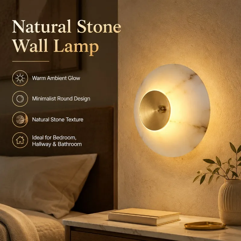 Modern Alabaster Wall Light 7W LED Round Stone Sconce 3000K Warm Gold Black for Bedroom Bathroom Hallway Villa Hotel Wall Light