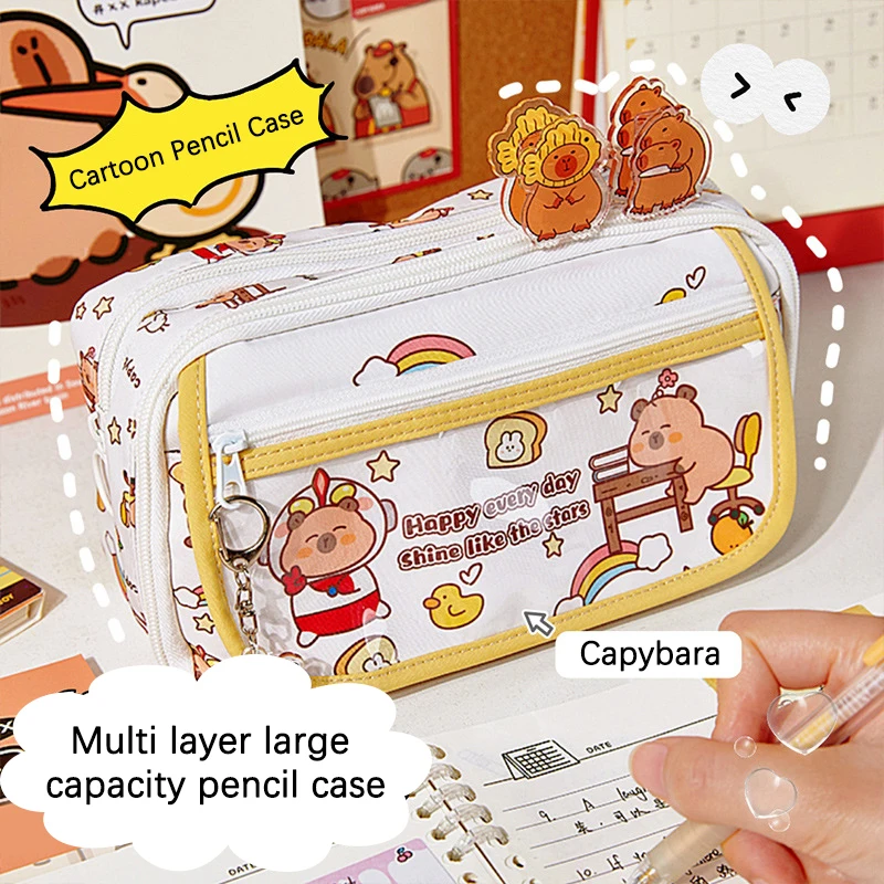 Cute Cartoon Capybara piórnik Kawaii o dużej pojemności zamek błyskawiczny etui na długopis wielofunkcyjny modny piórnik przybory szkolne prezent