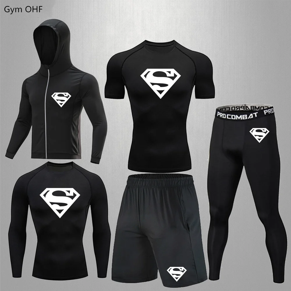 Summer Camping Men\'s Tight Fit Quick Compression Dry Gym Super Hero Boxer Daily Top Sport Rashguard MMA Five Piece Set