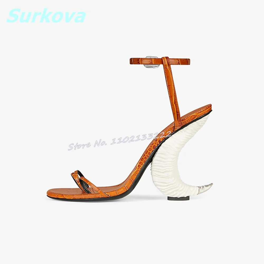 Horn Heel Open Toe Leather Women Sandals Round Toe Buckle Strang Styles Summer Sexy Fashion Unique Shoes Catwlk Party Dress Shoe