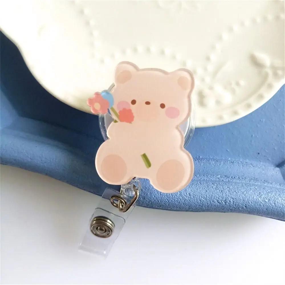 Cute Bear Retractable Badge Reel Chest Card Name Tag ID Card Clips Work Card Clip Name Card Nurse Badge Holder Doctor Students
