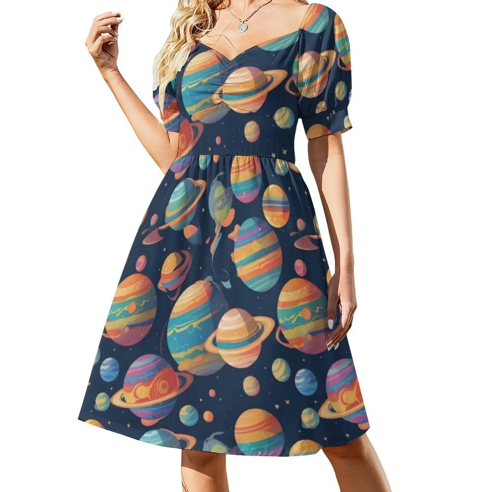 فستان حفلات أنيق للنساء من Planets فستان على شكل حرف a مع خيارات قصيرة/طويلة/بدون أكمام للنظام الشمسي والشمس والأرض والقمر أنثى #2