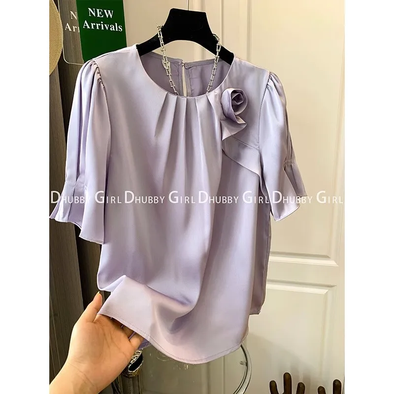 

Блузка Женская атласная с коротким рукавом, однотонный пуловер из искусственного шелка, французская рубашка с трехмерными цветами, на лето