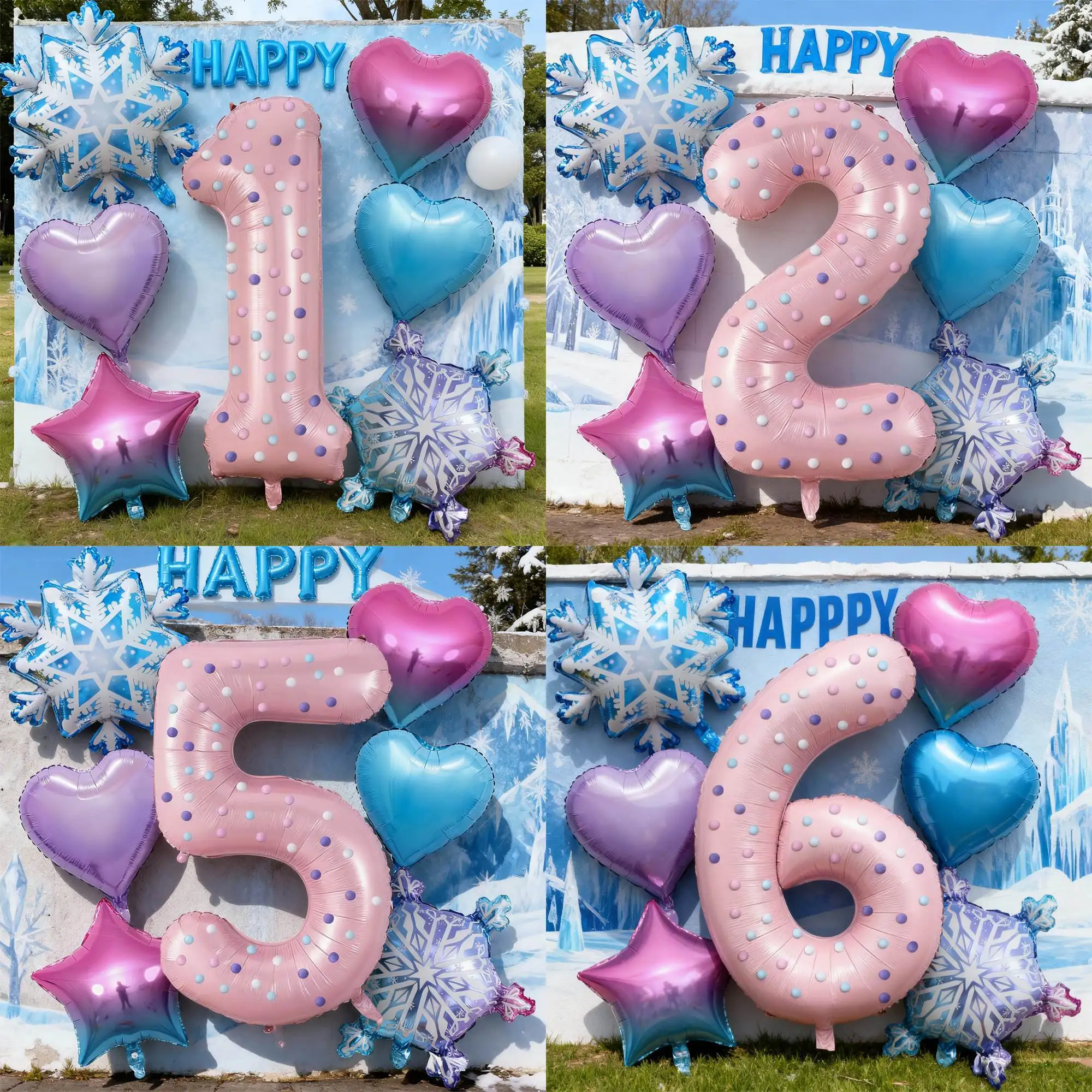 

Ice Snow Balloons: 32In Number Balloon 0-9, 6PCS Shiny Snowflake Star Heart, 50 Pom Poms, for Christmas New Year Birthday Party