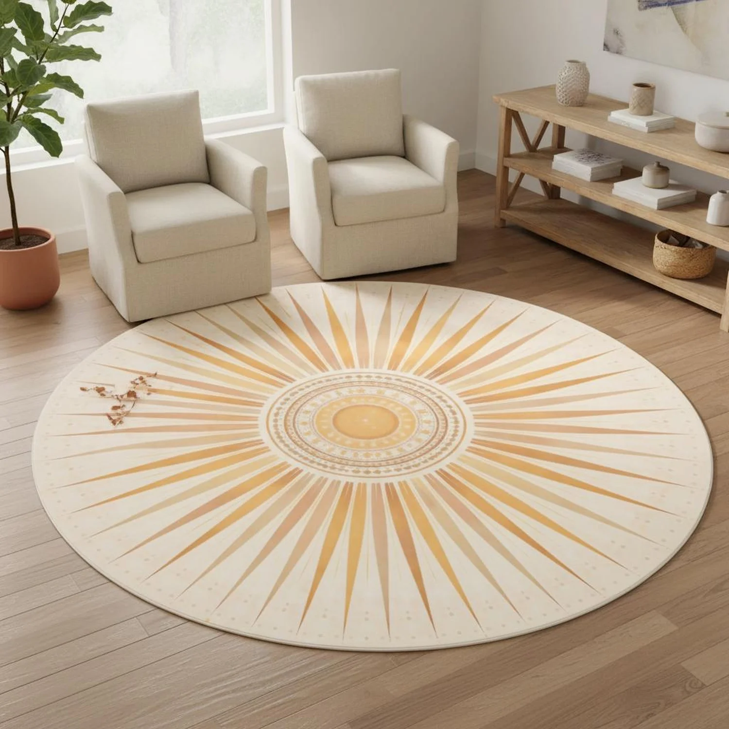 Bohemian Style Sunburst Round Rug, Neutral Tones, Suitable for Yoga Room Decoration