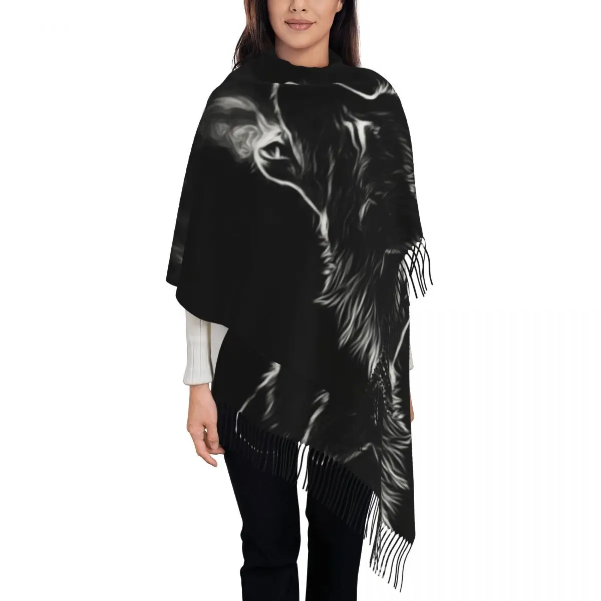 

Black Wolf Scarf Wrap Women Long Winter Fall Warm Tassel Shawl Unisex Animal Scarves