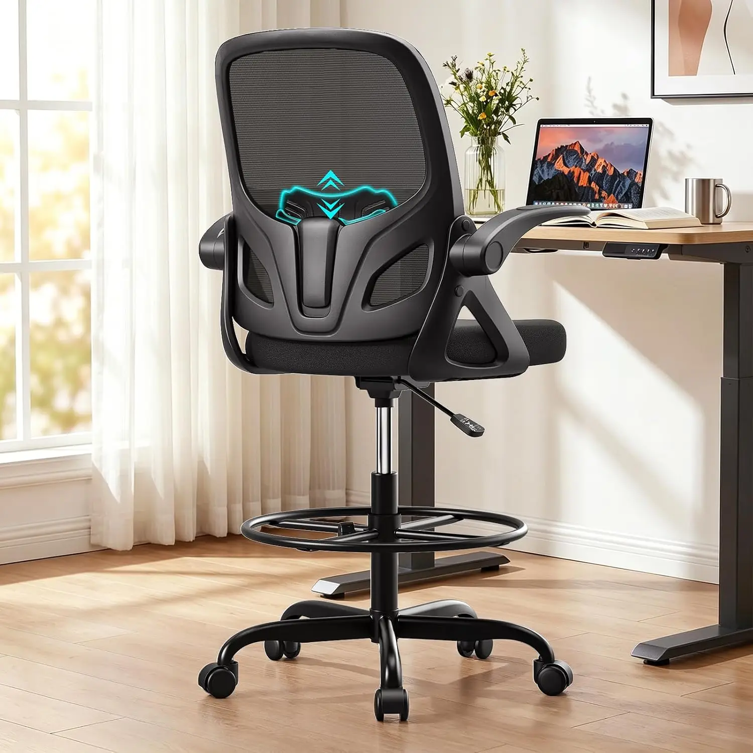 Kensaker Drafting Chair Tall Office Chair, Ergonomic Standing Desk Chair with Adjustable Foot Ring and Flip-up Armrests, Mesh Co