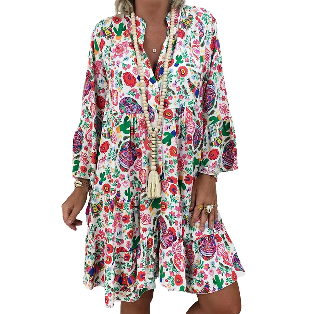 V Neck Long Sleeve Floral Print Dress Short Dress Women's Loose Fit Floral Print Short Dress with Ruffle Hemline