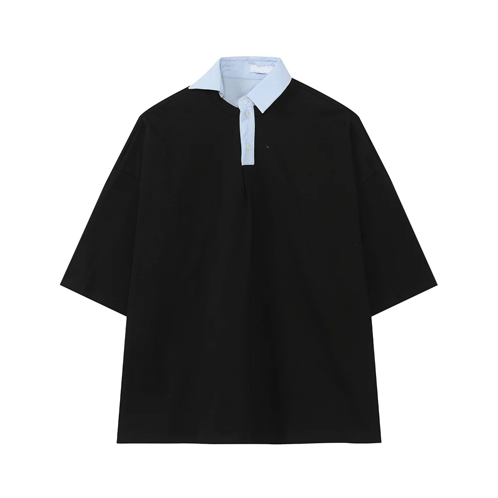 Men's Asymmetric Collar Contrasting Color Personalized Design Lapel Pure Cotton Casual Short Sleeves