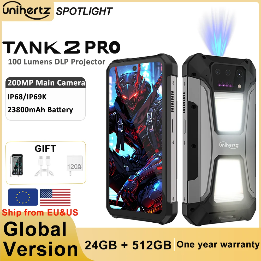 Unihertz tank 2 Pro 8849 rugged phone with projector, 100MP camera, 24GB 512GB, Android 14, 100MP, NFC, Helio G99, 23800mAh , 4G