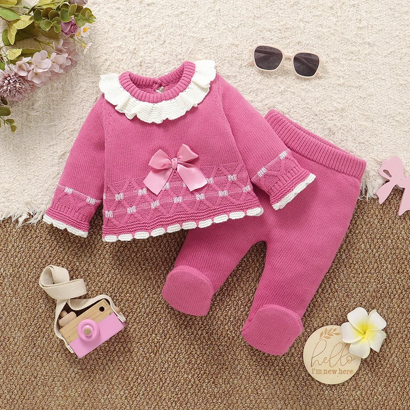 Pink Baby Girls Clothes Sets Autumn Long Sleeve Knit Newborn Infant Sweater Shirts Tops+Leggings Outfits 2pcs Toddler Suits 0-1Y