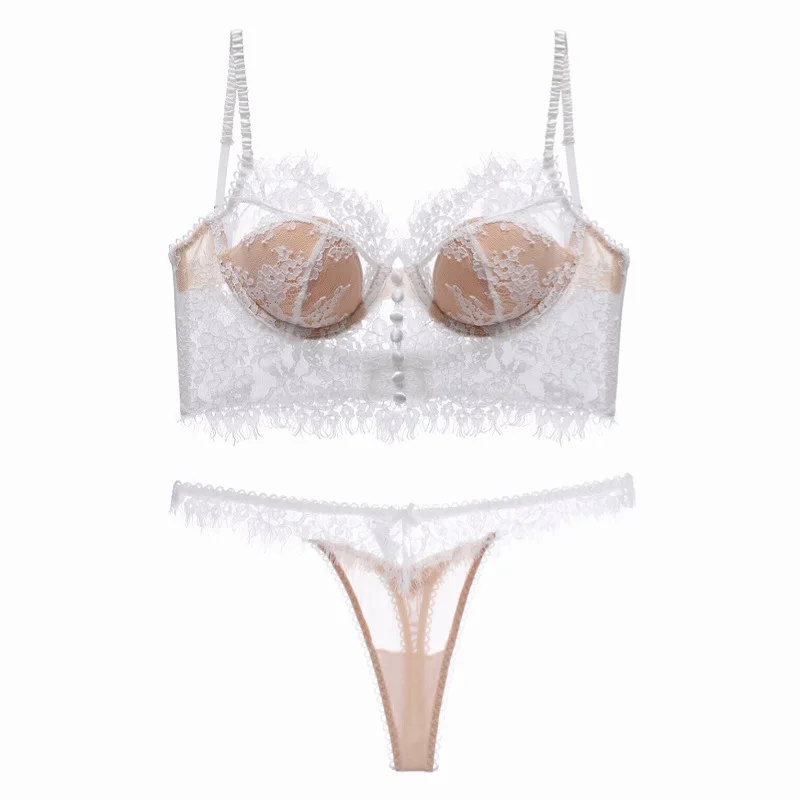 

Sexy Gathered Backless U-Shape Bra Set Thin Cotton Lace Pad Transparent Women's Underwear Gathered Bra with Steel Ring