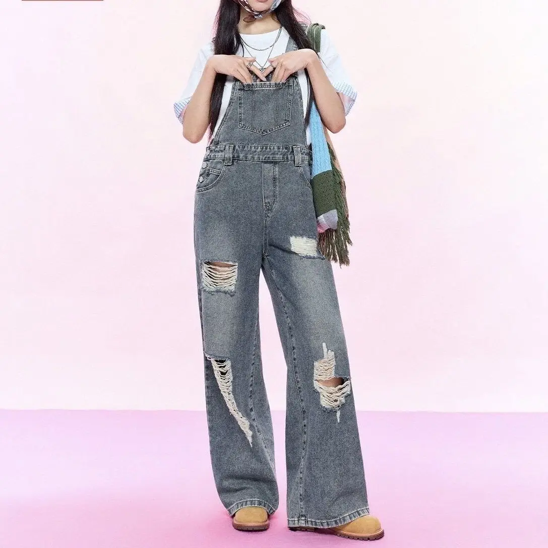 Summer New Women's Denim Overalls Commuting High Waisted Ripped Casual Jumpsuit