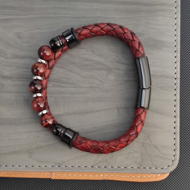 High Quality Multi Layer Braided Rope Leather Bracelet Stainless Steel Men Bangles for Red Natural Stone Charm Women Jewelry